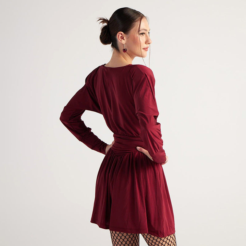 Women Clothing Solid Color Retro Long Sleeve Waist Tight Pleated Short Dress