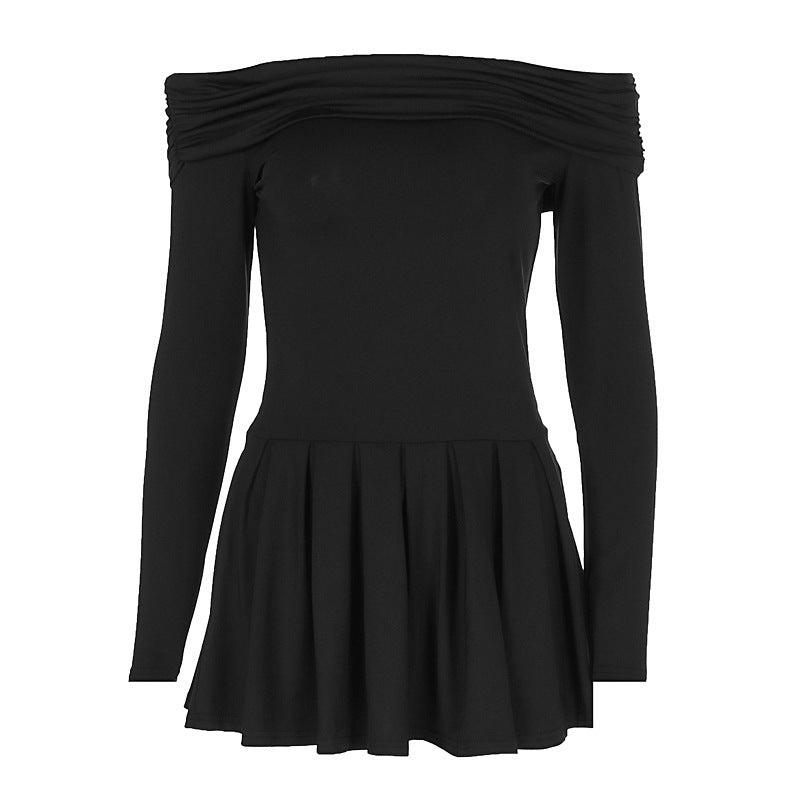 Women Clothing Autumn Winter off the Shoulder Slim Fit Long Sleeved Pleated Dress Black