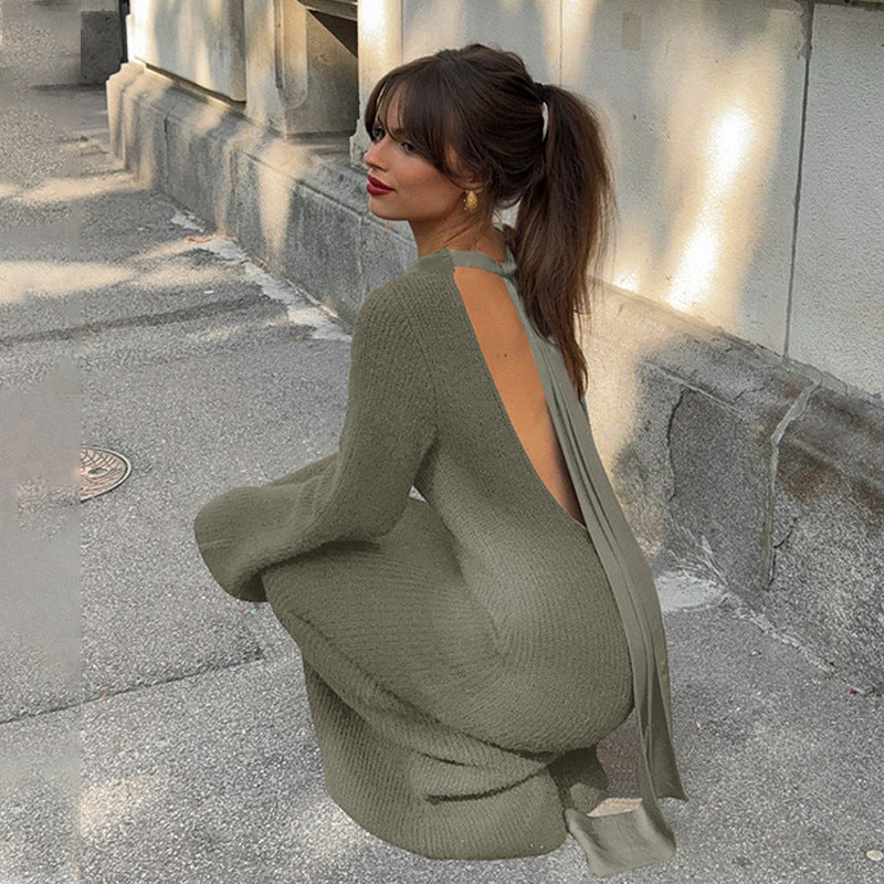 Women Clothing Winter Solid Color Sexy Backless Long Sleeves Lace up Slim Fit Dress Green