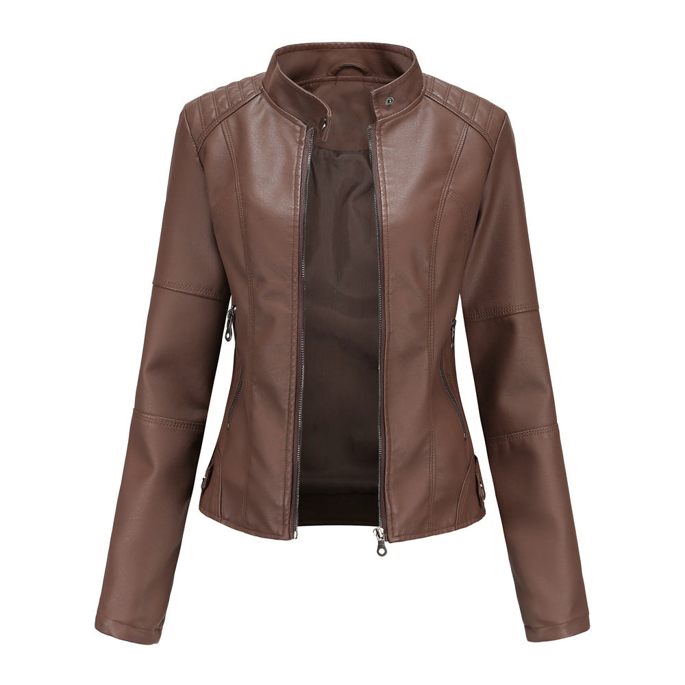 Women Leather Jacket Women Slim Jacket Thin Spring Autumn Coat Women Motorcycle Clothing Stand Collar Leather Jacket Brown