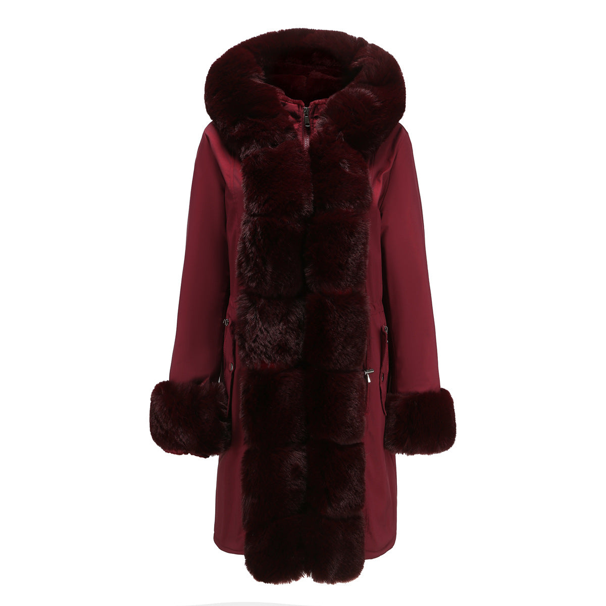 Winter Cotton Coat Women Detachable Fur Collar Mid Length Long Sleeve Parka Solid Color Hooded Warm Cotton Padded Jacket Burgundy