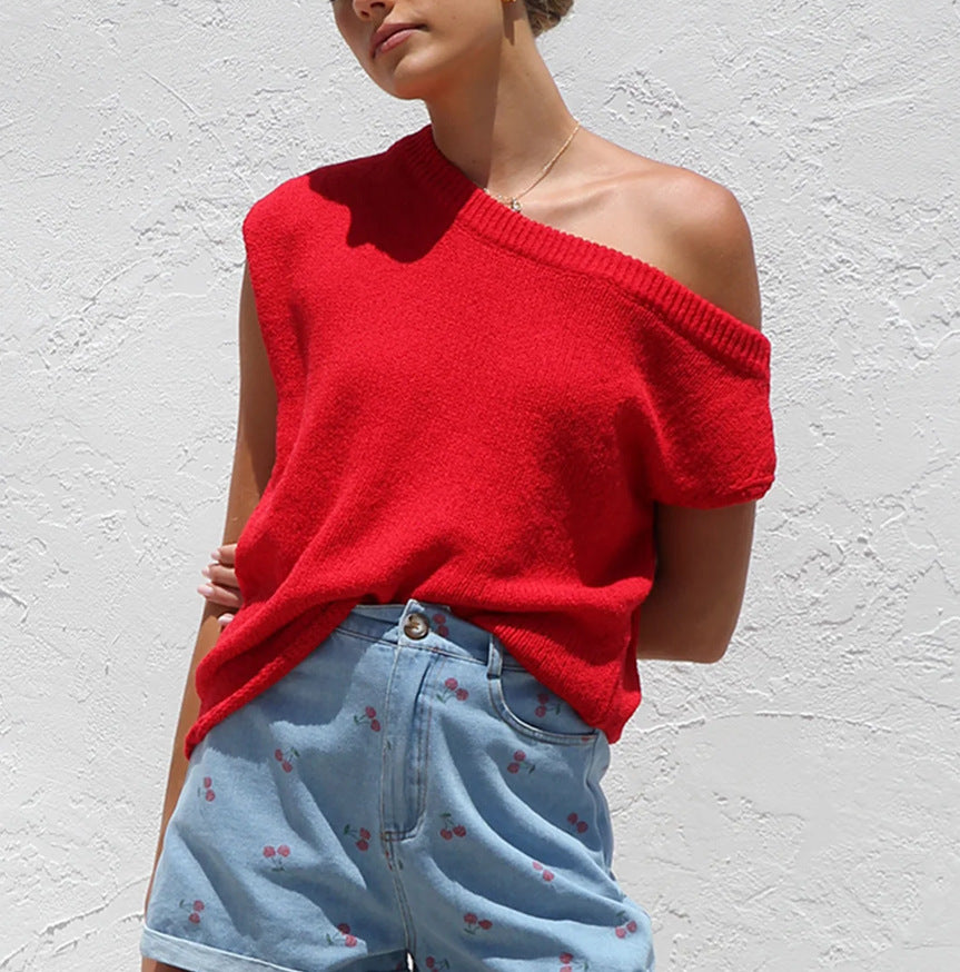 Women Knitted Summer Knitwear Sweater Pullover Top Red