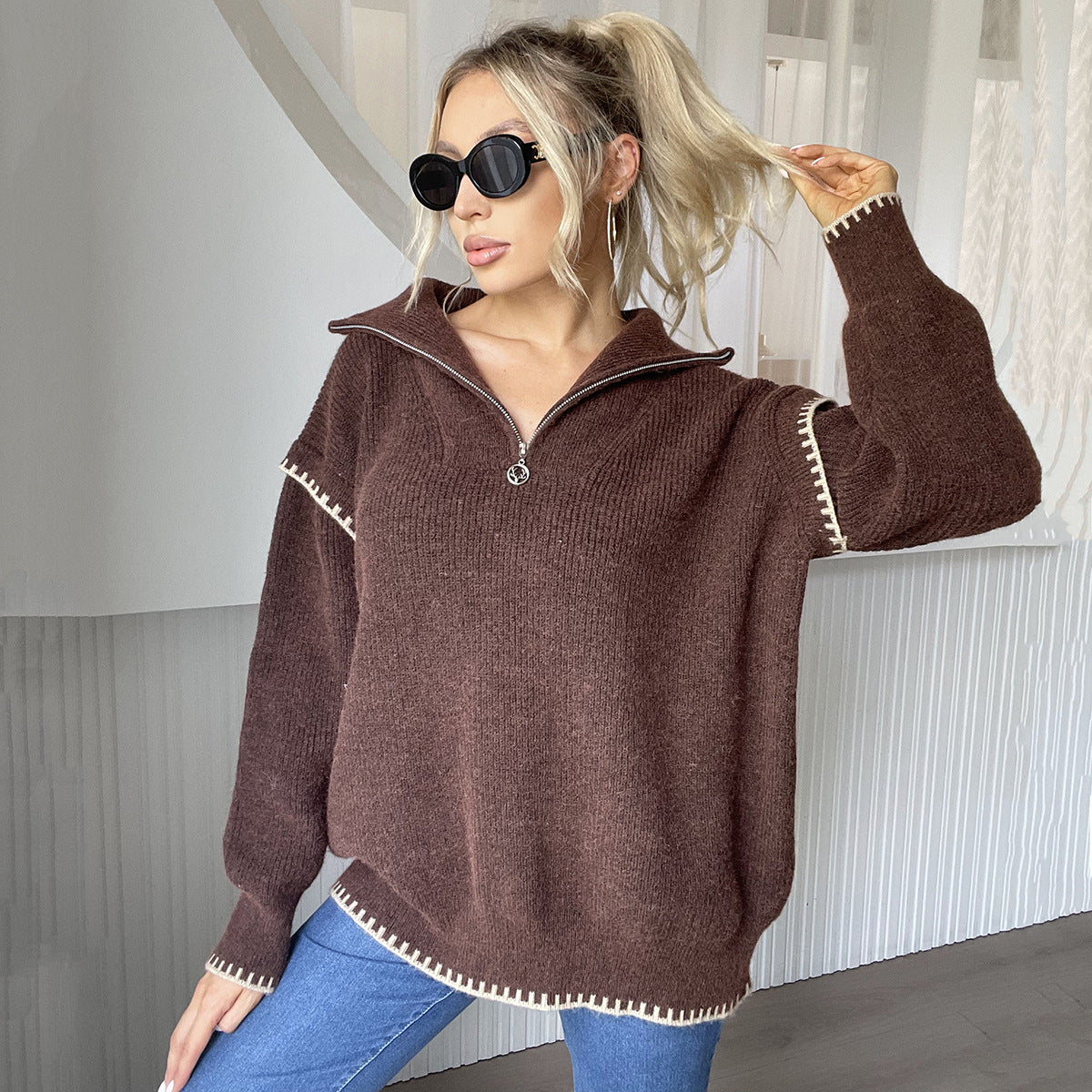 Women Zipper Half Open Collared Patchwork Knitted Cardigan Autumn Winter Casual Loose Sweater Pullover