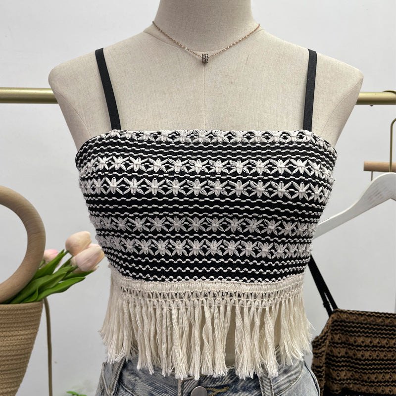 Women Burrs Tassels Stitching Striped Camisole Short Cropped Sleeveless Tube Top One Size Apricot