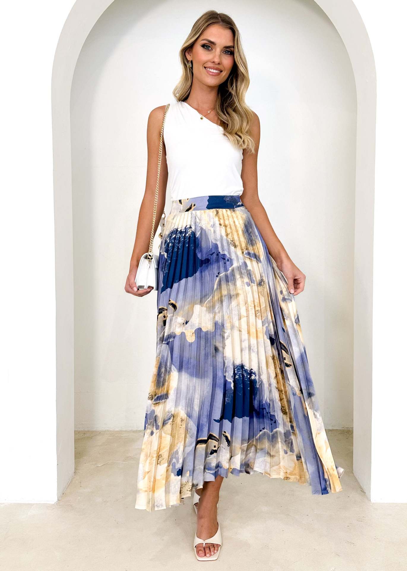 Spring Summer Elegant Draping Printed Pleated Skirt Women Ink Blue Printing