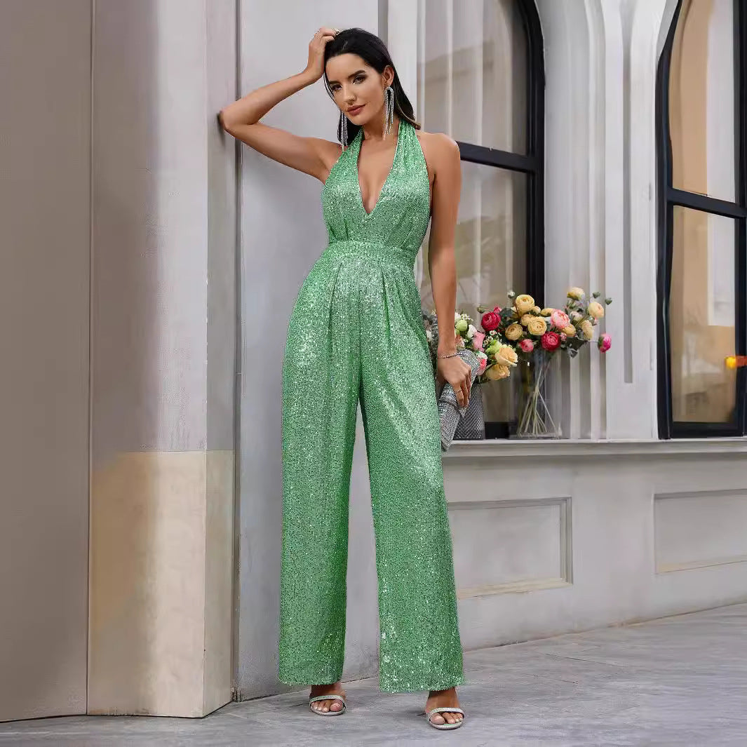 Summer Sexy Elegant Women Clothing V neck Halter Backless Jumpsuit Sequined Trousers