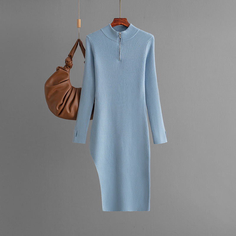 Zipper Knitted Dress Women Autumn Winter Half High Collar Long Sleeves Bottoming Hip Solid Color Dress One Size skyblue