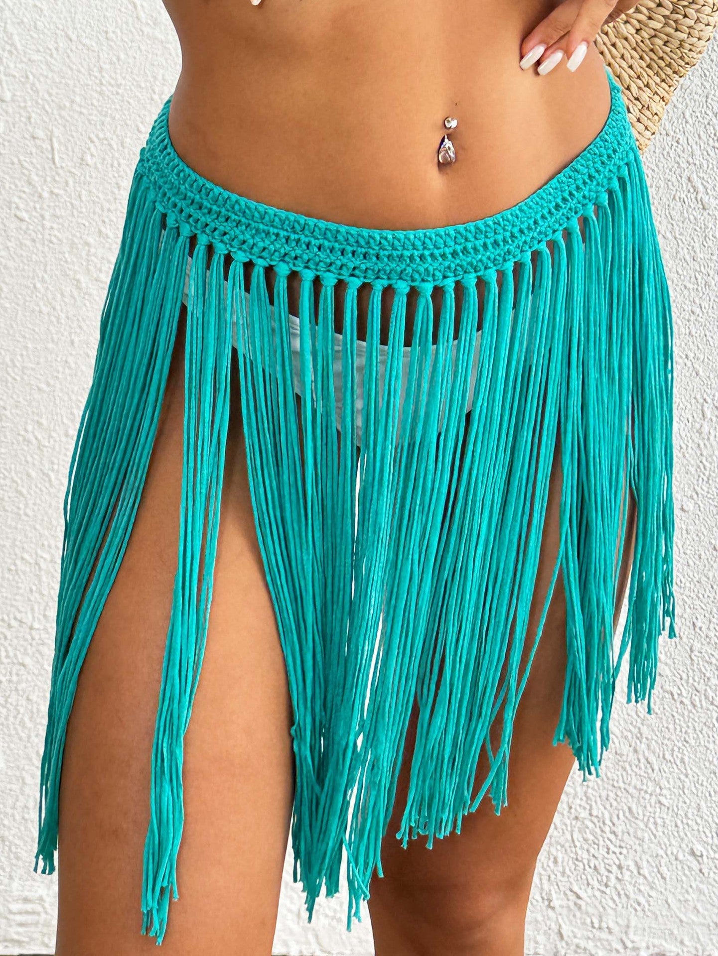 Women Lace up Skirt Women Clothing Beach Beach Cover Up Pure Hand Crocheting Tassel Skirt Overskirt One Size Green