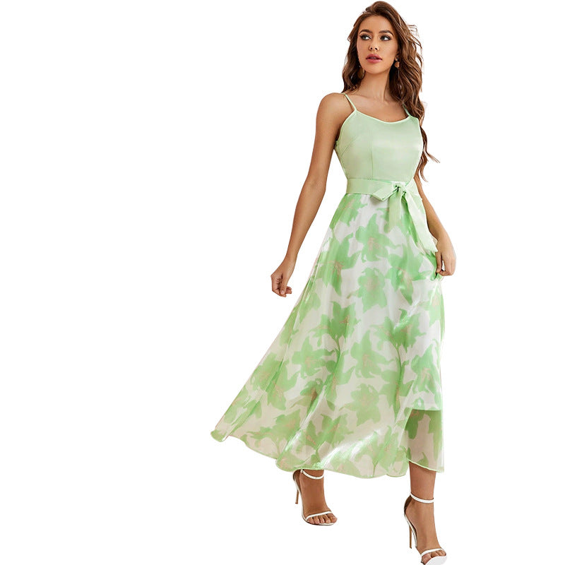 Women Summer Party Gathering High Waist Sling Tied Dress Dress Light Green