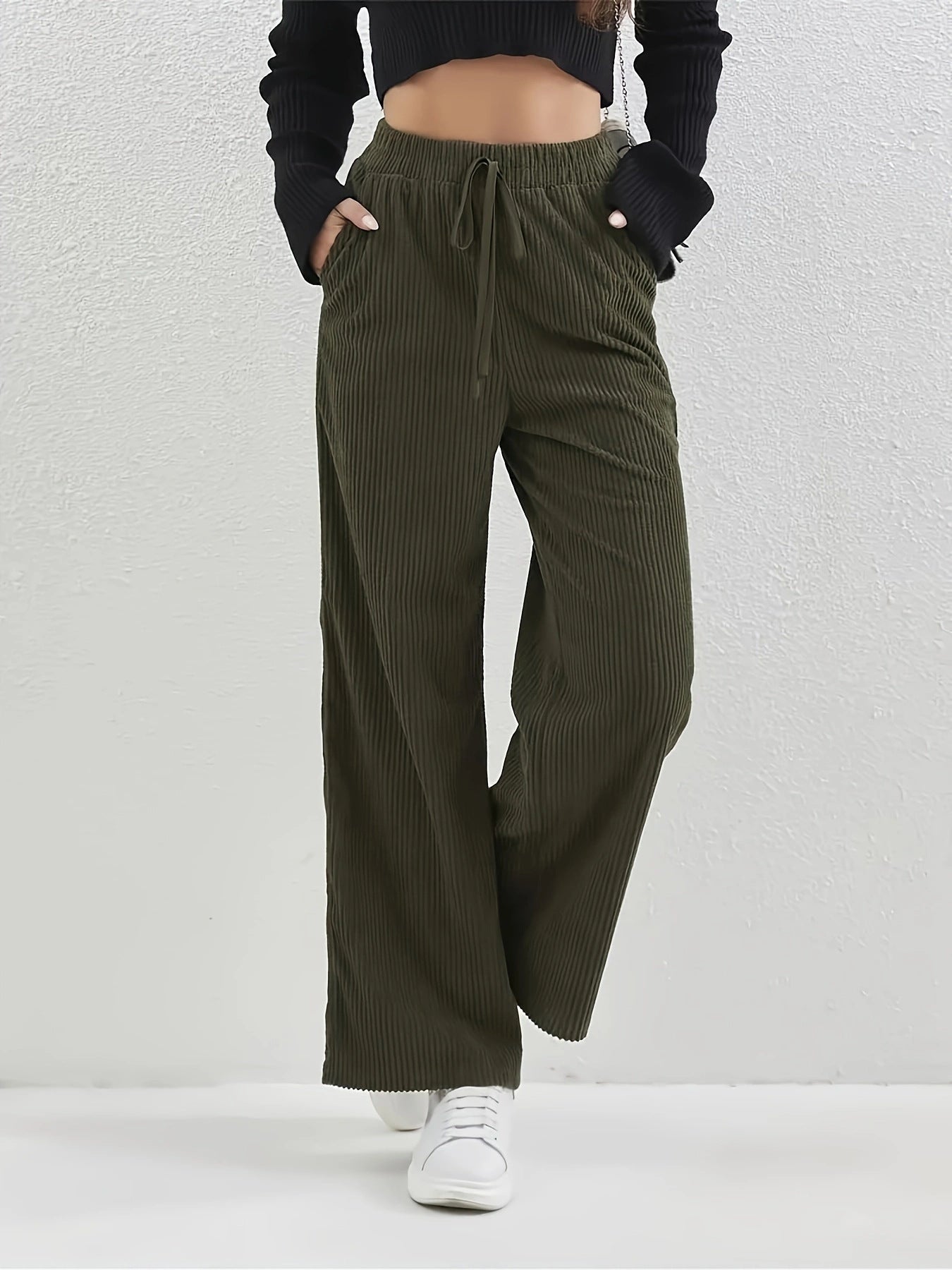 Women Casual Retro Solid Color All Matching Corduroy Elastic Waist Straight Leg Trousers Army Green