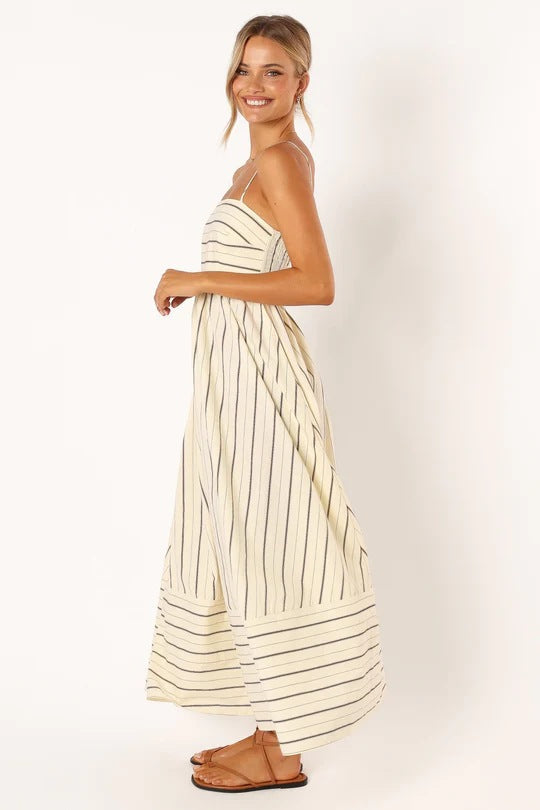 Women Striped Sleeveless Strap Backless Large Swing Casual Dress