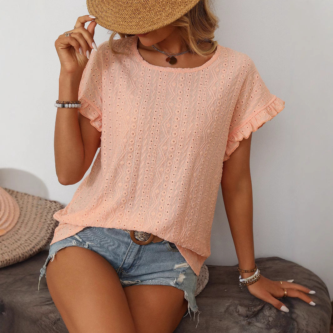 Women Clothing Spring Summer Solid Color round Neck Sweet Girl Short Sleeve T shirt Hollow Out Cutout Top