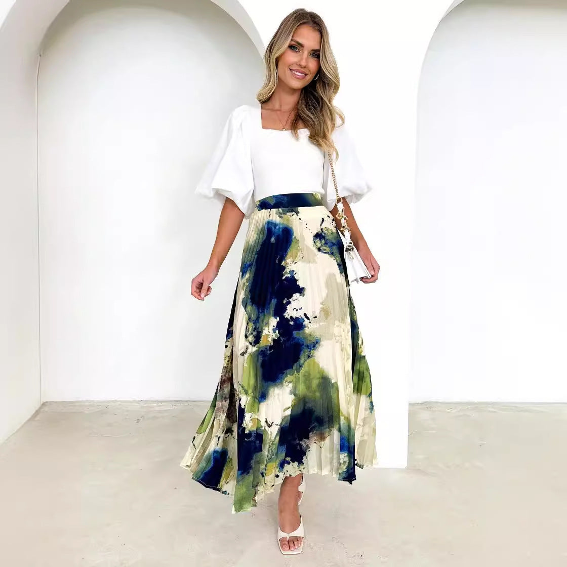 Spring Summer Elegant Draping Printed Pleated Skirt Women