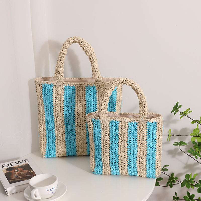 Vertical Stripes French Straw Bag Portable Contrast Color Straw Bag Woven Bag Women's Bag Seaside Vacation Beach Bag