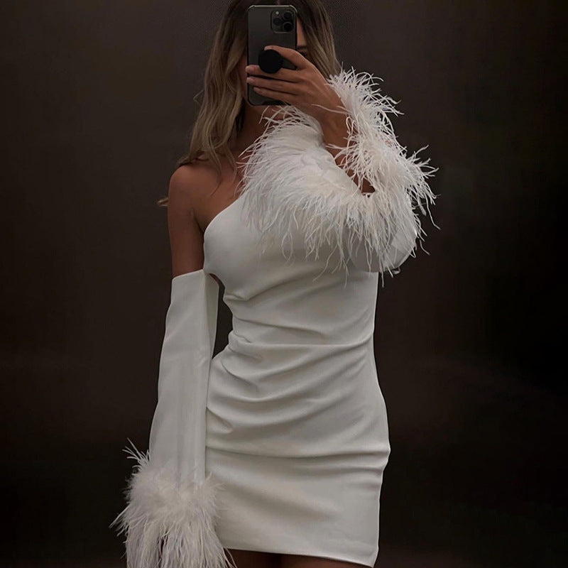 Arrival Sexy Slim Fit Dress One Shoulder Design Stitching Horn Furry Sleeves Short Dress