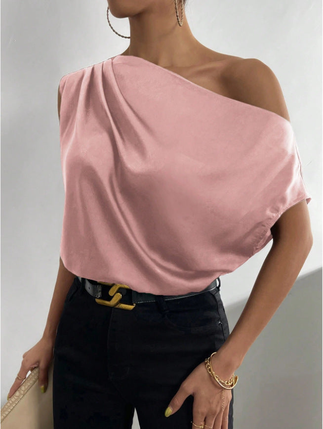 Spring Solid Color Satin Artificial Silk Irregular Asymmetric Shoulder off Shoulder Pullover Sleeveless Shirt Women Clothing Peach