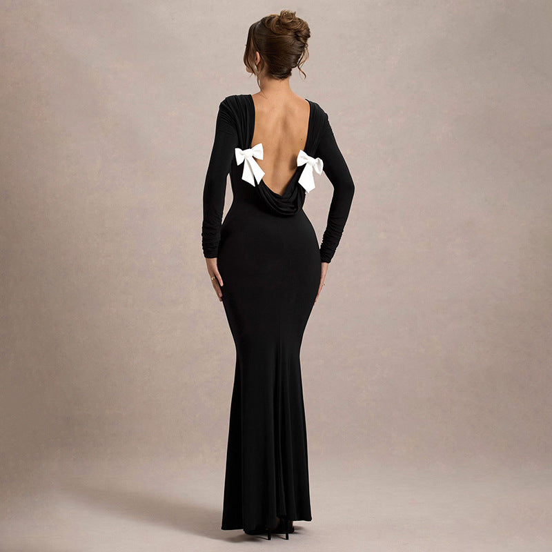 Women Clothing Backless Bow Long Sleeve Narrow Maxi Dress