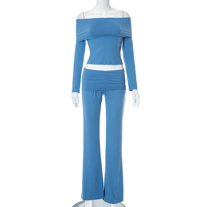 Women Clothing Autumn Winter Long Sleeved Sexy Top Casual Trousers Suit Blue