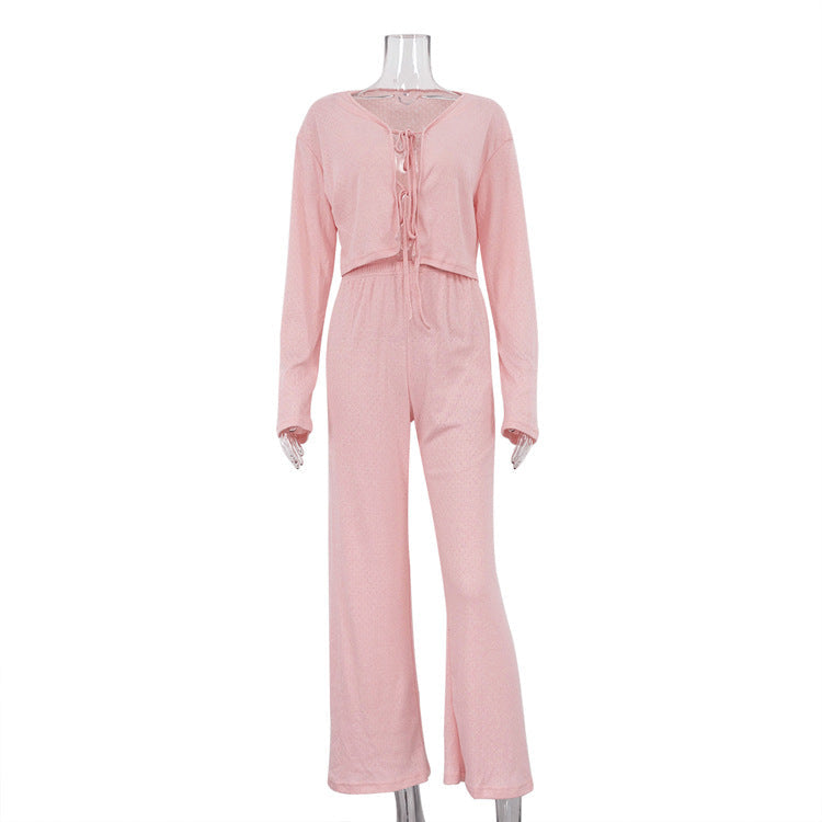 Women Clothing Spring Autumn Cotton Homewear Knitted Jacquard Long Sleeves Cropped Lace up Pajamas Trousers Two Piece Set Pink