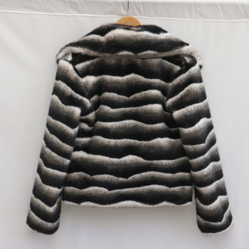 Women Fur Coat Casual Autumn Winter Zebra Pattern Artificial Mink Hair Collared Short Coat Thickened