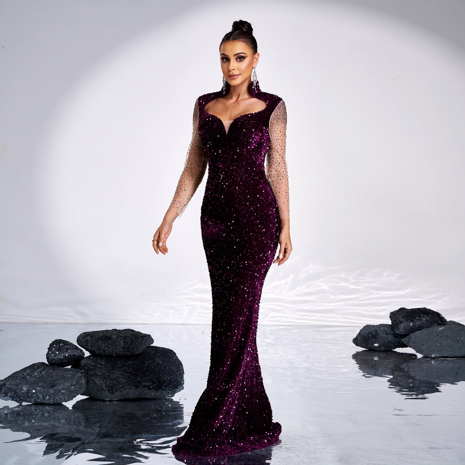 Women Clothing Premium Long Sleeve Square Neck Hip Wrapped Cocktail Sequined Rhinestone Fishtail Evening Dress