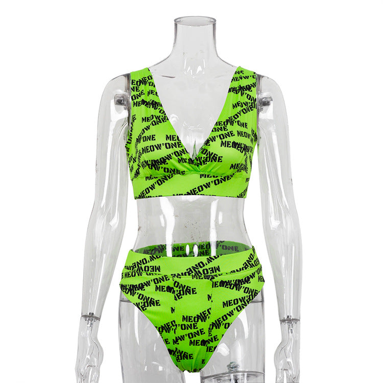 Summer Sexy Swimsuit Split Bikini Print High Waist Bikini Green