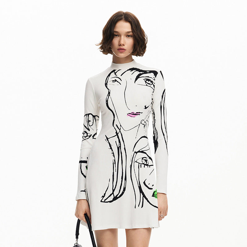 Women Clothing Positioning Portrait Line Printing Casual Long Sleeve Dress