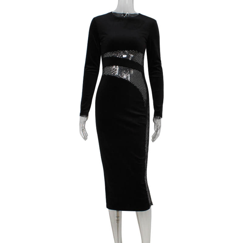 Women Clothing Fall Winter High Sense Sequin Stitching Slim Velvet Sheath Dress Maxi Dress Black