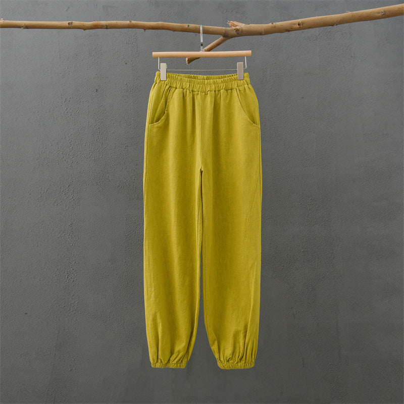 Spring Summer Cotton Linen Women Clothing Retro Stone Washed Ramie Bamboo Section Casual Trousers Women Cotton Linen Knickerbockers Yoga Pants Zen Yellow