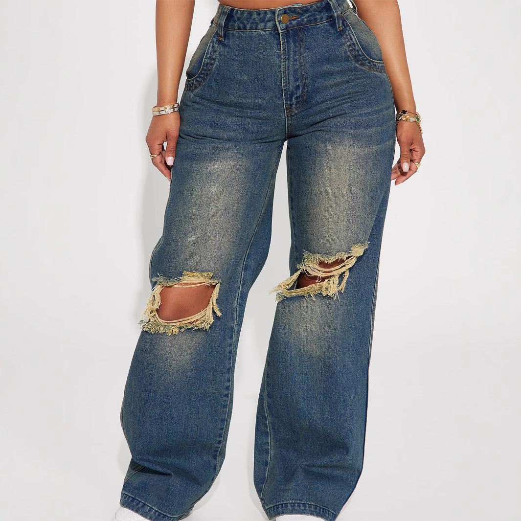 Women Retro Heavy Duty Washed Knee Ripped Wide Leg Denim Trousers