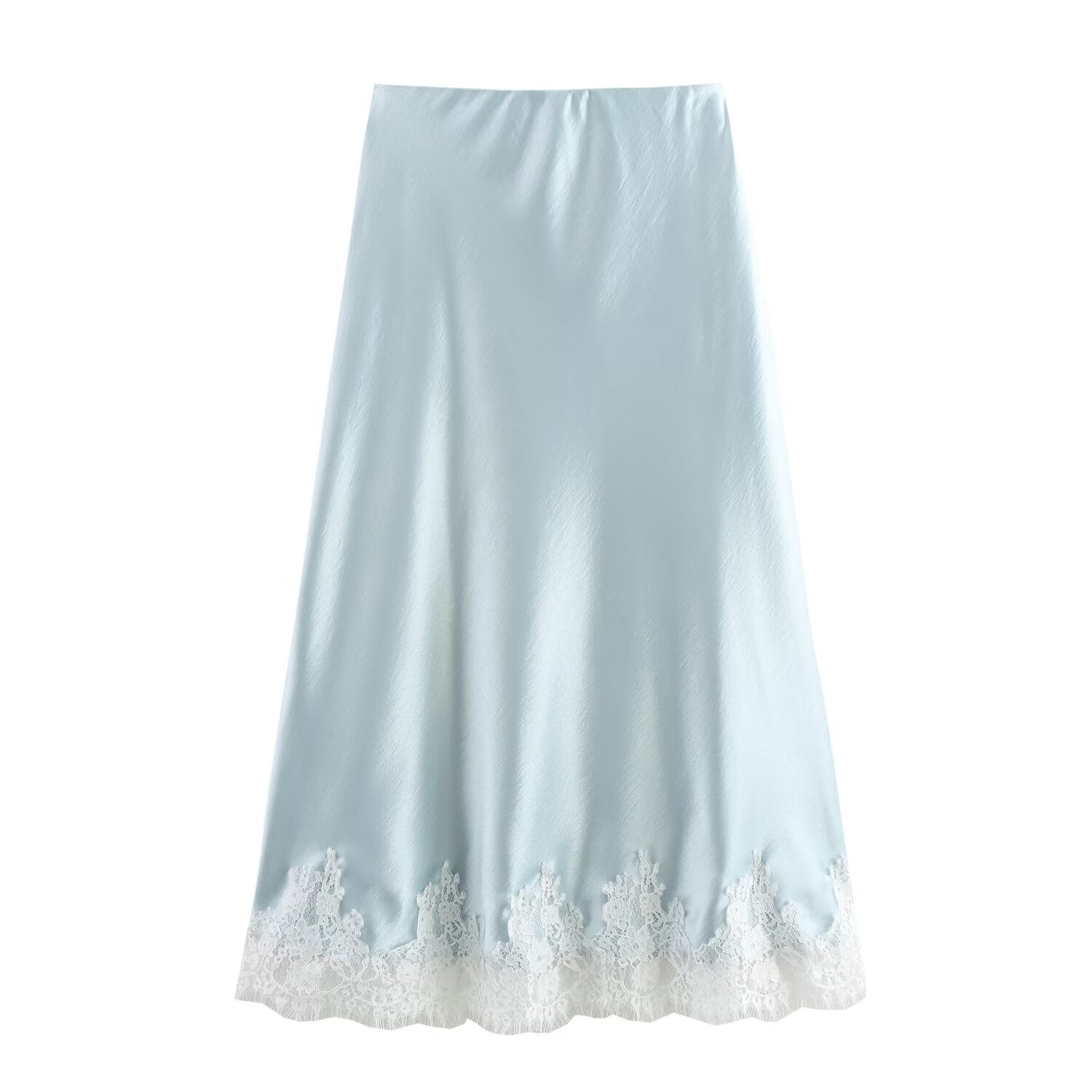 Women Clothing Manufacturers 5 Color Lace Stitching Satin Fabric Midi Skirt Light Blue