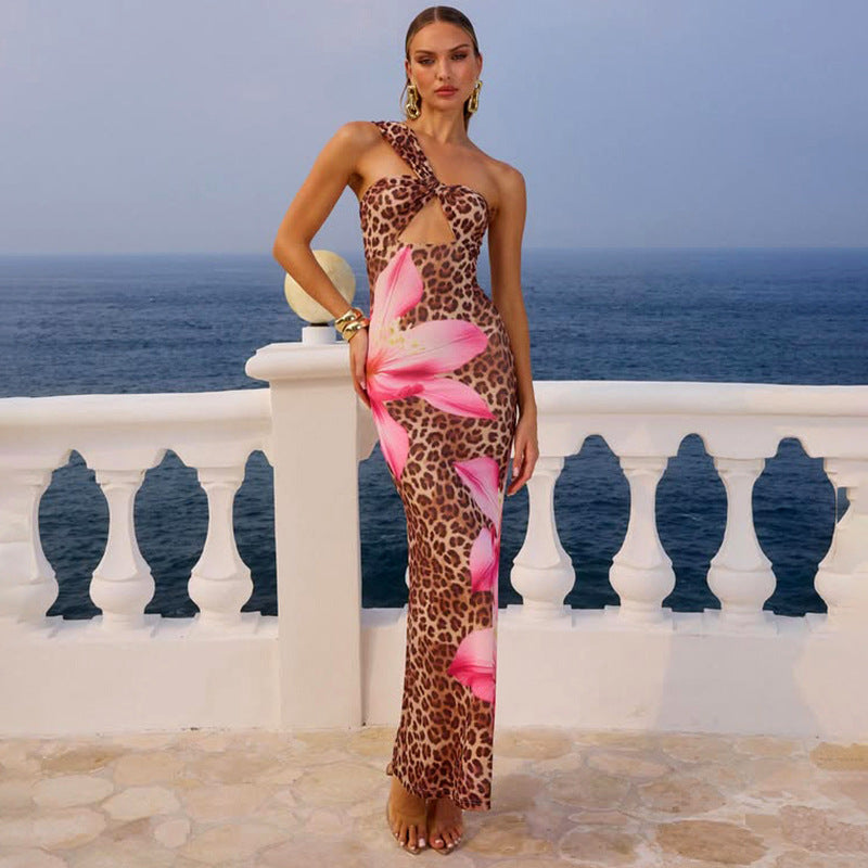 Autumn Leopard Print Hollow Out Cutout out Socialite Sexy Maxi Dress Women Clothing