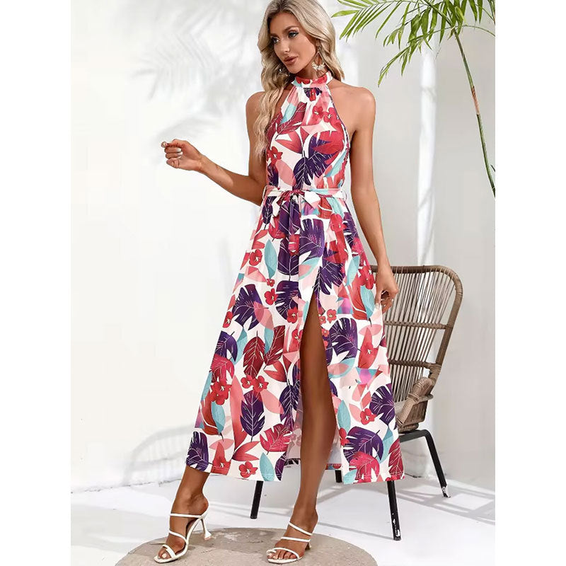 Women Clothing Romantic Holiday Print Halter Split Maxi Dress Spring Women Mid Length Multi