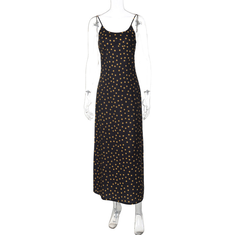 Summer Women Clothing Polka Dot Floral Dress Holiday Casual Sling Dress Black