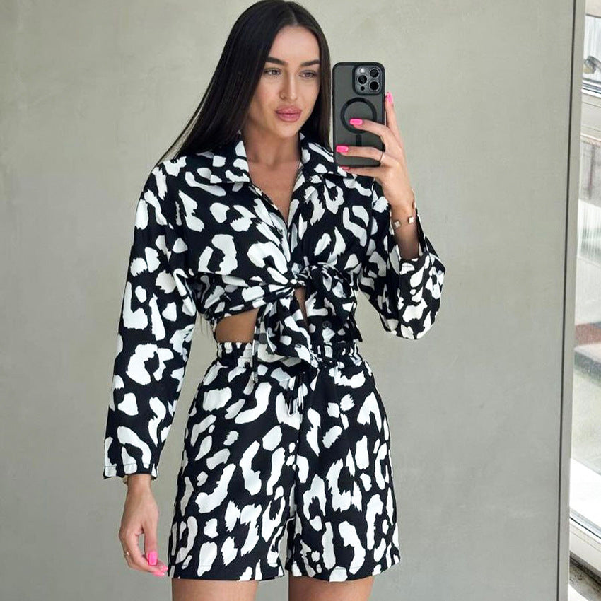 Summer Women Cardigan Printed Shirt Shorts Ice Silk Home Wear Artificial Silk Slim Pajamas Black