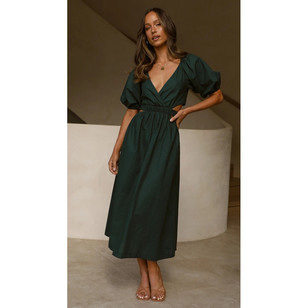 Spring Summer Waist-Tight V-neck Comely Sweet Mid-Length Dress blackish green