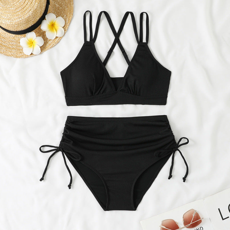 Swimwear Bikini Split High Waist Sunken Stripe Sexy Swimsuit Women Solid Color Split Swimsuit Swimsuit Black