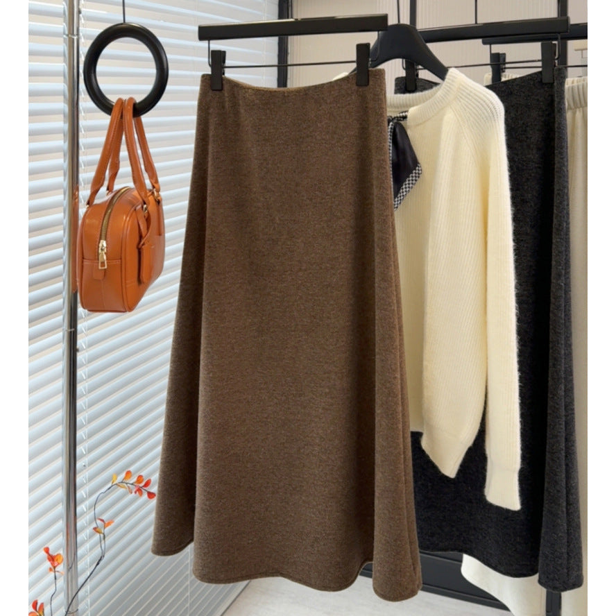 Two Color Woolen Cashmere Minimalist Skirt Women Fleece lined A line Skirt Mid Length Winter Skirt