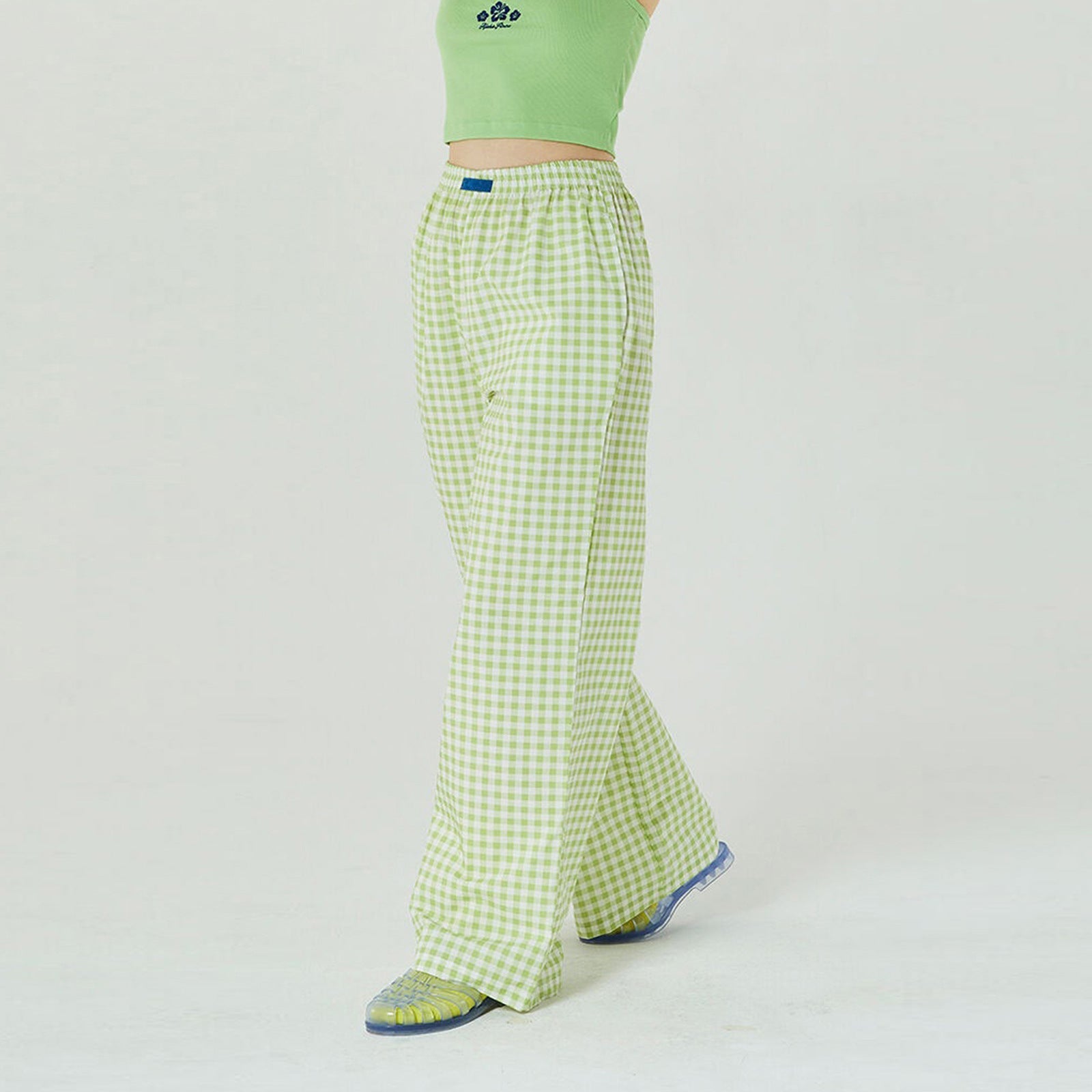 Women Clothing Striped Wide Leg Trousers Casual Street Loose High Waist Trousers Light green plaid