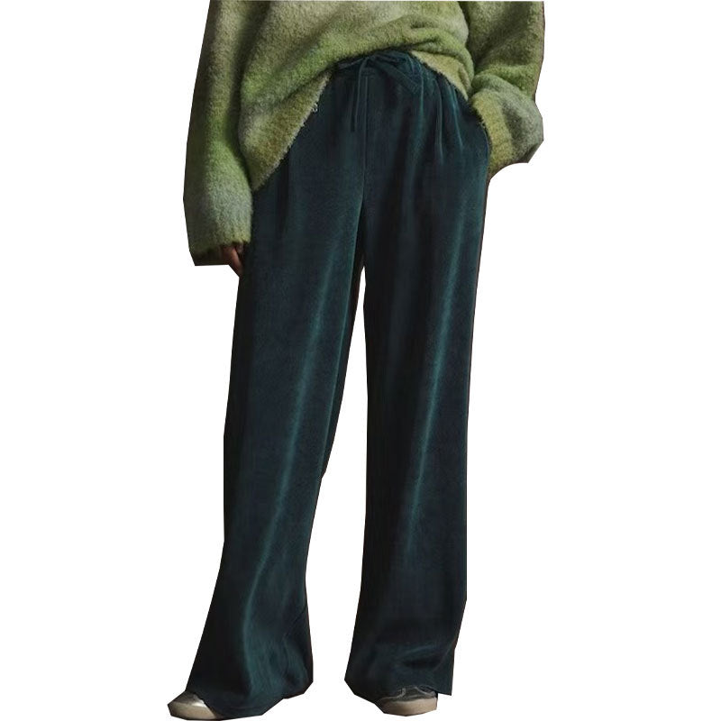 Women Solid Color Wide Casual Pants blackish green