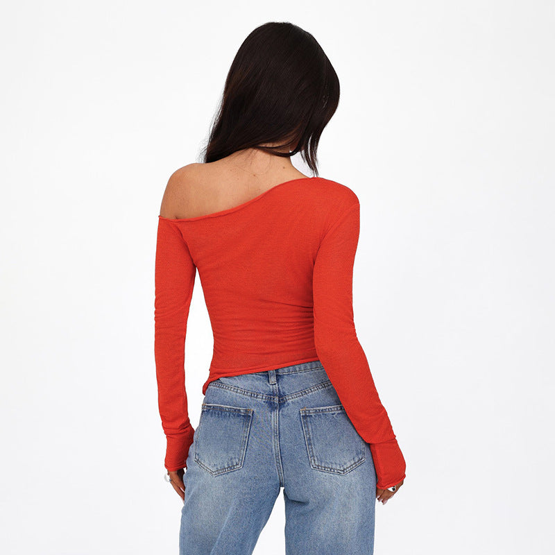 Women Clothing One Shoulder Cold Shoulder Long Sleeve Waist Strap Elegant Short Top