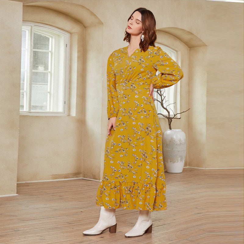 Year V neck Regular Sleeve Long Sleeve Printed Maxi Dress