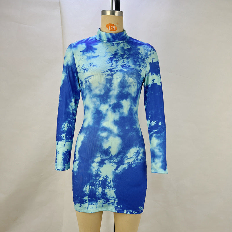 Women Clothing Spring Summer Printed Stand Collar Long Sleeve Waist Slimming Sheath Dress Blue