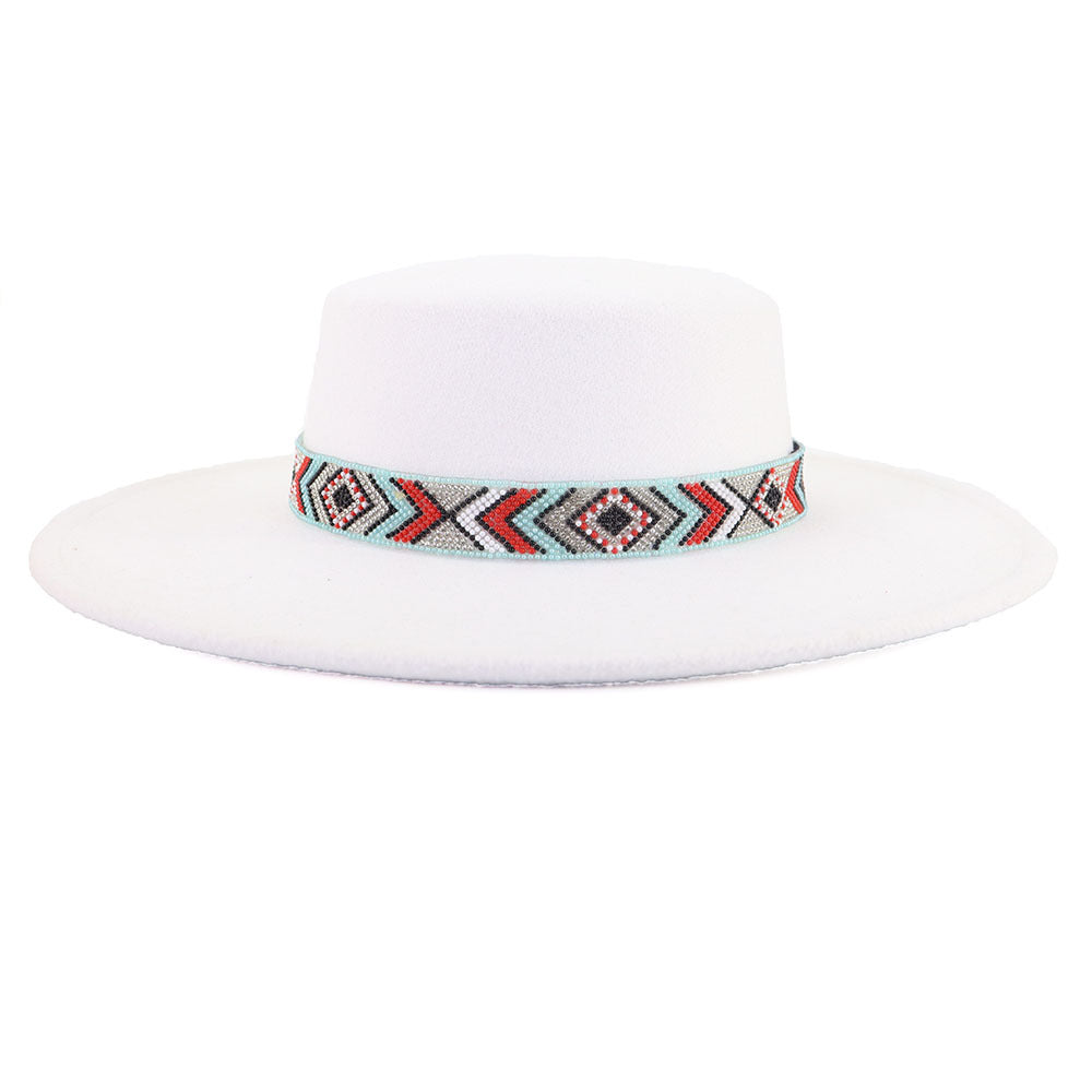 [Minimum order quantity is 2 pieces]Woolen Flat Top Hat Large Brim Hat Bohemian Holiday Broad Brimmed Hat M（56-58cm） White Lake Blue Beads