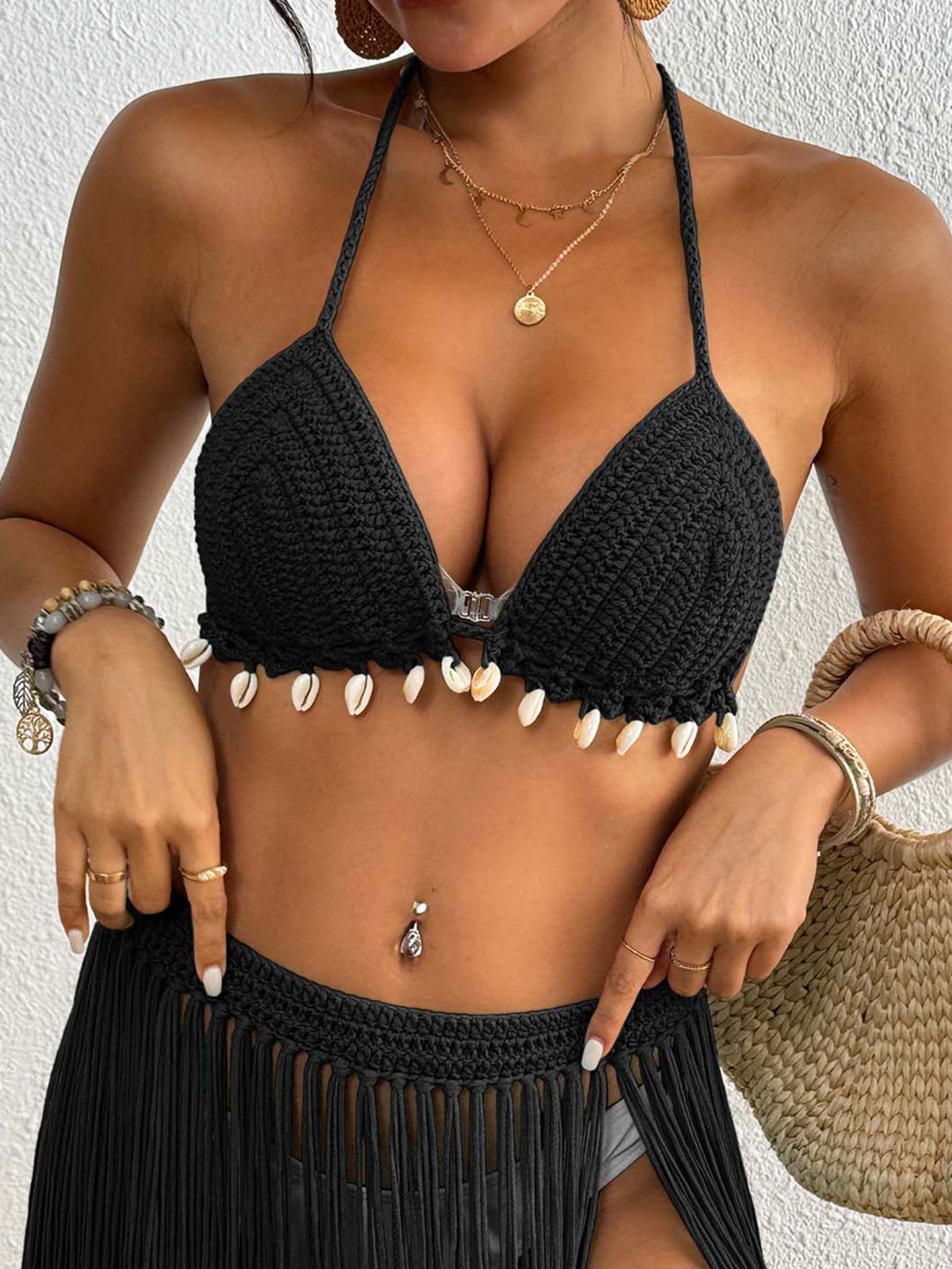 Women Top Women Clothing Handmade Shell Stitching Banded Bikini Swimsuit Top Beach Overclothes One Size Black