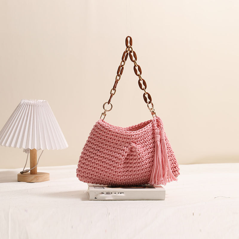 Underarm Cotton Thread Woven Bag Tassel One Shoulder Straw Bag Vacation Beach Bag Niche Women Bag One Size Clip Tassel Pink