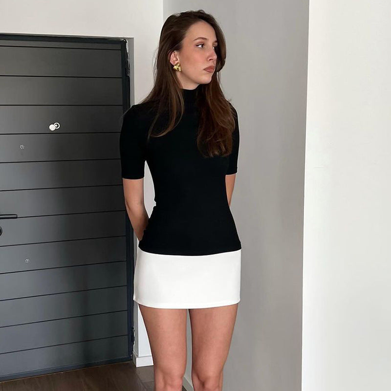 Women Clothing Spring Personality Stitching Contrast Color Half Turtleneck Half Sleeve Skinny Sheath Dress