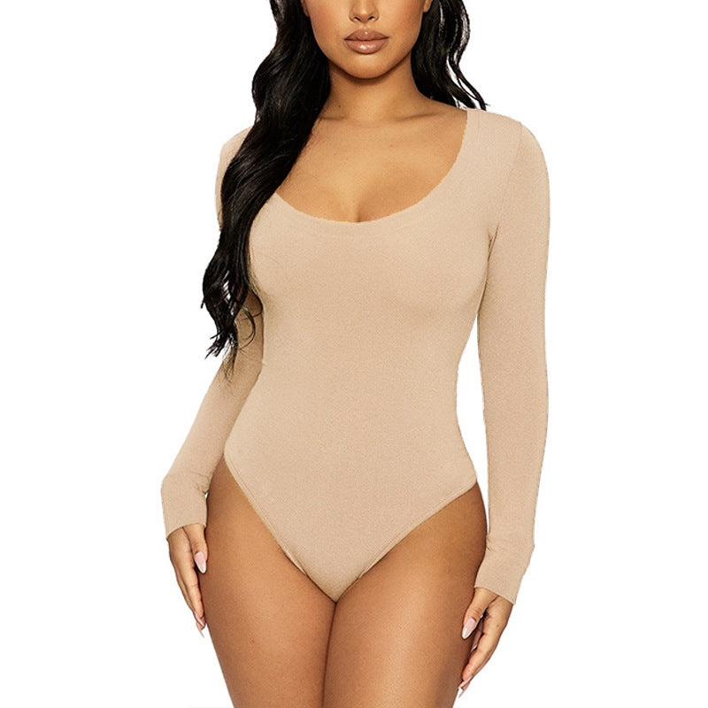 Women Clothing Spring Bottoming Top Slim Fit round Neck Long Sleeves Jumpsuit Bodysuit Khaki