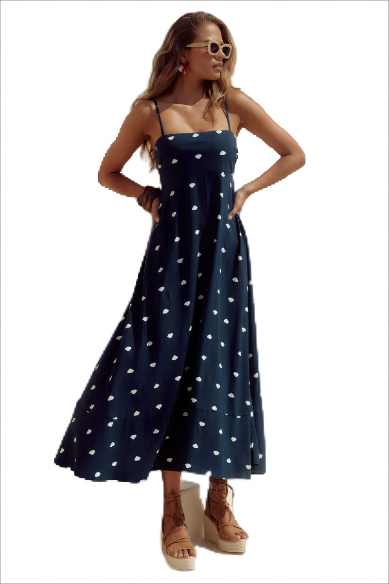 Summer Vacation Split Sling Dress Blue and White Spots