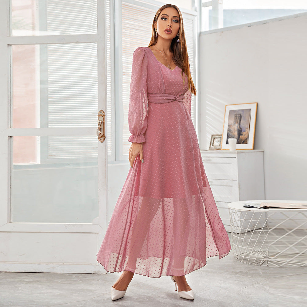 Women Clothing Dress Autumn Winter Arrival Pink Voile Long Dress High Waist Slim Fit